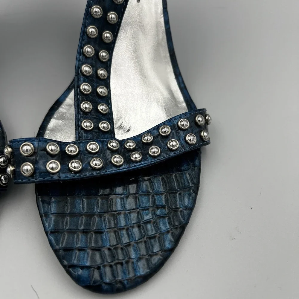 White House Black Market Paris Blue Studded Ankle Strap Wedges‎ Size 9.5